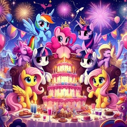 Size: 1024x1024 | Tagged: safe, imported from derpibooru, fluttershy, pinkie pie, rainbow dash, twilight sparkle, alicorn, ai content, ai generated, cake, food, happy new year, holiday, prompter:princessoflovepinkyt, twilight sparkle (alicorn)