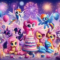 Size: 1024x1024 | Tagged: safe, imported from derpibooru, fluttershy, pinkie pie, rainbow dash, twilight sparkle, ai content, ai generated, happy new year, holiday, prompter:princessoflovepinkyt