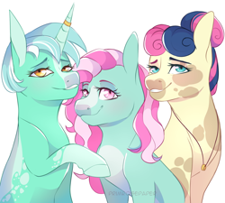 Size: 1280x1151 | Tagged: safe, artist:primrosepaper, imported from derpibooru, bon bon, lyra heartstrings, sweetie drops, oc, oc:minty, earth pony, pony, unicorn, alternate hairstyle, coat markings, family, female, grin, horn, horn ring, jewelry, lesbian, lidded eyes, looking at you, lyrabon, magical lesbian spawn, necklace, offspring, parent:bon bon, parent:lyra heartstrings, parents:lyrabon, ring, shipping, signature, simple background, smiling, smiling at you, trio, wedding ring, white background