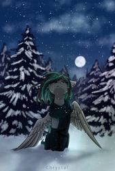 Size: 1378x2039 | Tagged: safe, artist:chrystal_company, derpibooru exclusive, imported from derpibooru, oc, oc only, oc:lumishade, pegasus, clothes, cloud, female, looking up, moon, night, one eye closed, scarf, secret santa, snow, snowfall, snowflake, socks, solo, standing, stockings, thigh highs, tree