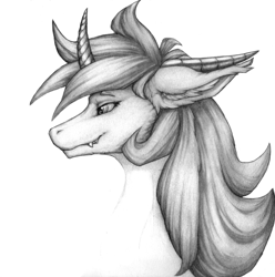 Size: 1000x1010 | Tagged: safe, artist:roz, imported from derpibooru, oc, oc:katya ironstead, dracony, dragon, hybrid, pony, bust, dragoness, female, monochrome, portrait, solo, traditional art