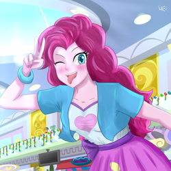 Size: 3000x3000 | Tagged: safe, artist:leikokun, imported from derpibooru, pinkie pie, human, equestria girls, ;p, canterlot mall, female, looking at you, one eye closed, open mouth, open smile, peace sign, smiling, solo, tongue out, wink, winking at you