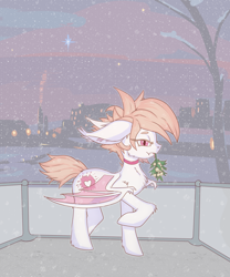 Size: 2000x2408 | Tagged: safe, artist:wave, imported from derpibooru, oc, oc only, oc:white mouse, bat pony, albino, bat pony oc, bat wings, collar, evening, female, looking at you, mare, mistletoe, pink eyes, snow, snowfall, solo, wings