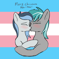 Size: 768x768 | Tagged: safe, artist:eklipsethepony, edit, imported from ponybooru, oc, oc only, oc:haze northfleet, oc:malachite cluster, bat pony, pegasus, pony, bat pony oc, bat wings, blushing, christmas, couple, eyes closed, female, holiday, kiss on the lips, kissing, male, mare, oc x oc, pegasus oc, pride, pride flag, shipping, stallion, straight, touching, transgender pride flag, trolling, wings