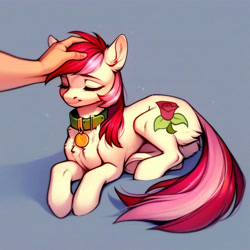 Size: 4096x4096 | Tagged: safe, imported from derpibooru, roseluck, human, pony, ai content, ai generated, behaving like a cat, collar, cute, eyes closed, fluffy, generator:purplesmart.ai, generator:stable diffusion, hand, lying down, offscreen character, offscreen human, pet tag, petting, pony pet, prompter:doom9454, rosepet