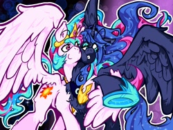 Size: 2560x1936 | Tagged: safe, artist:kizupoko, imported from derpibooru, princess celestia, princess luna, alicorn, cel shading, cutie mark, female, hug, shading, siblings, sisters, sparkles, sparkling mane, wings