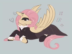 Size: 4096x3094 | Tagged: safe, artist:jezebel_remedy, imported from derpibooru, fluttershy, butterfly, pegasus, pony, female, floppy ears, fluttergoth, gray background, heart, lidded eyes, lying down, mare, prone, simple background, solo