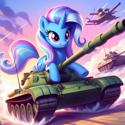 Size: 519x519 | Tagged: safe, imported from derpibooru, trixie, unicorn, ai content, ai generated, alternate cutie mark, alternate hairstyle, female, mare, prompter:vanilla5751, solo, tank (vehicle), war