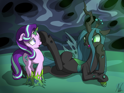 Size: 4000x3000 | Tagged: safe, artist:noomeralf, imported from derpibooru, queen chrysalis, starlight glimmer, changeling, pony, unicorn, bondage, captured, changeling egg, changeling hive, changeling slime, crown, egg, female, fetish, frog (hoof), hoof fetish, hoof on face, hooves, insect wings, jewelry, magic suppression, mare, one eye closed, open mouth, regalia, slime, sticky, teasing, underhoof, wings