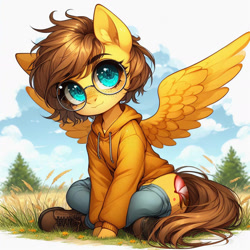 Size: 1524x1524 | Tagged: prompter needed, safe, derpibooru exclusive, imported from derpibooru, oc, oc only, oc:yuris, pegasus, pony, ai content, ai generated, clothes, ears up, female, field, glasses, hoodie, looking at you, sitting, smiling, solo