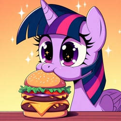 Size: 1024x1024 | Tagged: prompter needed, safe, imported from derpibooru, twilight sparkle, alicorn, pony, ai content, ai generated, aweeg*, burger, cheeseburger, cute, eating, female, food, generator:dall-e 3, hamburger, mare, nom, puffy cheeks, solo, starry eyes, that pony sure does love burgers, twiabetes, twilight sparkle (alicorn), wingding eyes