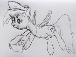 Size: 3323x2480 | Tagged: safe, artist:dhm, imported from derpibooru, derpy hooves, pony, box, mailmare, monochrome, package, sketch, solo, traditional art