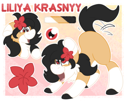 Size: 2500x2000 | Tagged: safe, artist:euspuche, imported from derpibooru, oc, oc only, oc:liliya krasnyy, earth pony, female, flower, flower in hair, open mouth, reference sheet, smiling, solo