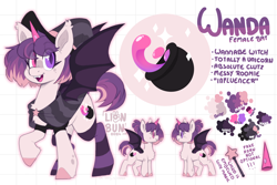 Size: 3000x2000 | Tagged: safe, artist:lionbun, imported from derpibooru, oc, oc:wanda, bat pony, bat pony oc, bat wings, character design, clothes, cute, fake horn, hat, reference sheet, socks, stockings, thigh highs, wings, witch, witch hat