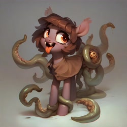 Size: 4096x4096 | Tagged: safe, imported from derpibooru, oc, oc only, oc:thingpone, adoracreepy, ai content, ai generated, big ears, brown coat, brown mane, creepy, cute, ear fluff, fangs, female, generator:purplesmart.ai, generator:stable diffusion, gray background, looking sideways, open mouth, orange eyes, short mane, simple background, solo, tentacles, tongue out