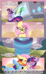 Size: 2560x4096 | Tagged: safe, artist:kebchach, imported from derpibooru, fluttershy, rainbow dash, twilight sparkle, pegasus, pony, unicorn, art pack:welcum to birthday artpack, comic:hurricane sluttershy, hurricane fluttershy, blushing, chest fluff, comic, dialogue, female, flutterdash, goggles, human shoulders, lesbian, looking at someone, missing cutie mark, open mouth, shipping, smiling, spread wings, text, tornado, wings