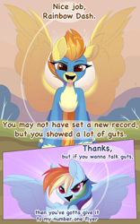 Size: 2560x4096 | Tagged: safe, artist:kebchach, imported from derpibooru, rainbow dash, spitfire, pegasus, pony, art pack:welcum to birthday artpack, comic:hurricane sluttershy, hurricane fluttershy, clothes, dialogue, looking at each other, looking at someone, open mouth, smiling, spread wings, text, uniform, wings, wonderbolts uniform