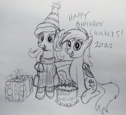 Size: 3240x2953 | Tagged: safe, artist:dhm, imported from derpibooru, derpy hooves, oc, oc:chuckles, pony, birthday, cake, candle, food, gift art, monochrome, sketch, traditional art