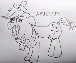 Size: 3594x2972 | Tagged: safe, artist:dhm, imported from derpibooru, applejack, pony, cursed image, monochrome, sketch, solo, traditional art