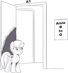 Size: 1454x1563 | Tagged: safe, artist:nauyaco, imported from derpibooru, oc, pony, unicorn, door, female, mare, monochrome, o, solo