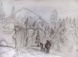 Size: 4129x3016 | Tagged: safe, artist:dhm, imported from derpibooru, rainbow dash, oc, oc:anon, pony, forest, hiking, monochrome, mountain, nature, river, scenery, sketch, sky, traditional art, tree, water