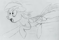 Size: 2686x1800 | Tagged: safe, artist:dhm, imported from derpibooru, rainbow dash, pony, monochrome, running, sketch, solo, surprised, traditional art