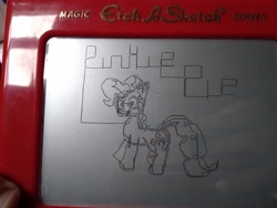 Size: 4160x3120 | Tagged: safe, artist:dhm, imported from derpibooru, pinkie pie, pony, etch-a-sketch, monochrome, solo, toy