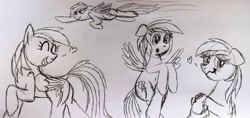 Size: 3656x1728 | Tagged: safe, artist:dhm, imported from derpibooru, rainbow dash, pony, flying, heart, hoof hold, monochrome, sketch, sketch dump, smiling, surprised, traditional art