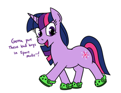 Size: 1100x850 | Tagged: safe, artist:jargon scott, imported from twibooru, twilight sparkle, pony, unicorn, crocs, dialogue, female, image, mare, png, simple background, solo, twilight crockle, unicorn twilight, white background