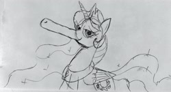 Size: 3356x1817 | Tagged: safe, artist:dhm, imported from derpibooru, princess celestia, pony, cursed image, long muzzle, monochrome, sketch, snoot, snout, solo, traditional art