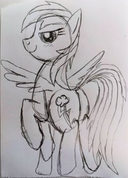 Size: 2519x3506 | Tagged: safe, artist:dhm, imported from derpibooru, rainbow dash, pony, from behind, monochrome, raised hoof, sketch, smug, solo, spread wings, traditional art, wings