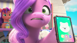 Size: 1920x1080 | Tagged: safe, imported from twibooru, pipp petals, sunny starscout, zipp storm, 3d, cellphone, emoji, g5, image, my little pony:make your mark chapter 4, phone, png, smoothie, teeth, the jinxie games, worried