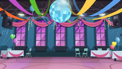 Size: 800x451 | Tagged: safe, artist:anna ewing, artist:anna pujol, imported from twibooru, equestria girls, equestria girls (movie), 3d, background, balloon, canterlot high, chair, disco ball, fall formal, gameloft, image, needs more jpeg, night, no pony, official, table, window