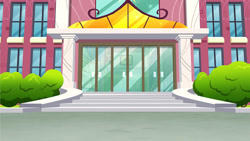 Size: 800x451 | Tagged: safe, artist:anna ewing, artist:anna pujol, imported from twibooru, equestria girls, 3d, background, bush, canterlot high, door, entrance, gameloft, glass door, image, needs more jpeg, no pony, official, outdoors, stairs, window