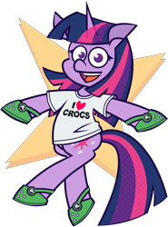 Size: 4559x6156 | Tagged: safe, artist:threetwotwo32232, imported from twibooru, twilight sparkle, pony, unicorn, bipedal, crocs, female, happy, image, looking at you, mare, open mouth, open smile, png, simple background, solo, transparent background, twilight crockle, unicorn twilight