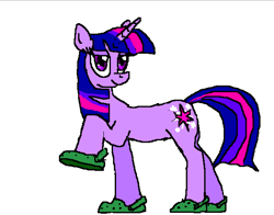 Size: 604x473 | Tagged: safe, artist:subatomicanon, imported from twibooru, twilight sparkle, pony, unicorn, crocs, female, image, lidded eyes, looking at you, mare, ms paint, png, profile, raised hoof, simple background, smiling at you, solo, twilight crockle, unicorn twilight, white background