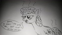 Size: 4036x2319 | Tagged: safe, artist:dhm, imported from derpibooru, oc, oc:oatmeal, pony, annoyed, drawthread, monochrome, sketch, solo, speech bubble, steam, traditional art