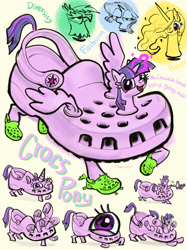 Size: 2999x4000 | Tagged: safe, artist:ja0822ck, imported from twibooru, gilda, princess celestia, rarity, twilight sparkle, griffon, pony, crocs, female, image, mare, meme, not salmon, png, ponified, twilight crockle, wat