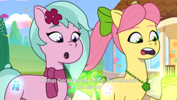 Size: 3072x1727 | Tagged: safe, imported from derpibooru, screencap, earth pony, pony, spoiler:g5, spoiler:my little pony: tell your tale, spoiler:tyts02e01, :o, dahlia, duo, duo female, earth pony magic, female, g5, glowing, glowing cutie mark, glowing hooves, icy prints, indonesian, magic, mare, my little pony: tell your tale, open mouth, posey bloom, subtitles