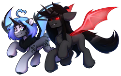 Size: 3354x2097 | Tagged: safe, artist:argigen, imported from derpibooru, oc, oc only, oc:argi, oc:nub, hybrid, pony, unicorn, derpibooru community collaboration, 2024 community collab, artificial wings, augmented, bat wings, chest fluff, couple, cute, duo, flying, magic, magic wings, simple background, transparent background, wings