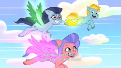 Size: 3072x1727 | Tagged: safe, imported from derpibooru, screencap, pegasus, pony, spoiler:g5, spoiler:my little pony: tell your tale, spoiler:tyts02e01, female, flying, g5, glowing, glowing wings, icy prints, indonesian, male, mare, my little pony: tell your tale, open mouth, open smile, smiling, spread wings, stallion, subtitles, trio, unnamed character, wings