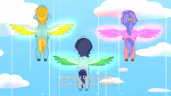 Size: 3072x1727 | Tagged: safe, imported from derpibooru, screencap, pegasus, pony, spoiler:g5, spoiler:my little pony: tell your tale, spoiler:tyts02e01, female, flying, g5, glowing, glowing wings, icy prints, indonesian, male, mare, my little pony: tell your tale, spread wings, stallion, subtitles, trio, unnamed character, wings