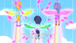 Size: 3072x1727 | Tagged: safe, imported from derpibooru, screencap, pegasus, pony, spoiler:g5, spoiler:my little pony: tell your tale, spoiler:tyts02e01, female, flying, g5, glowing, glowing wings, icy prints, indonesian, male, mare, my little pony: tell your tale, rainbow trail, spread wings, stallion, subtitles, trio, unnamed character, wings