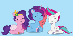 Size: 2701x1351 | Tagged: safe, artist:prixy05, imported from derpibooru, pipp petals, zipp storm, pegasus, pony, unicorn, blue background, eyes closed, female, g5, lying down, mare, misty brightdawn, my little pony: tell your tale, ponyloaf, prone, rebirth misty, simple background, trio, trio female