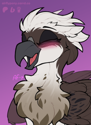 Size: 1000x1375 | Tagged: safe, artist:airfly-pony, imported from derpibooru, oc, oc only, oc:valkyrie, griffon, beak, blushing, chest fluff, eyes closed, female, fluffy, folded wings, gradient background, griffon oc, laughing, open beak, open mouth, simple background, smiling, solo, spots, wings