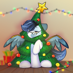 Size: 3000x3000 | Tagged: safe, artist:o0o-bittersweet-o0o, imported from derpibooru, oc, oc only, oc:soaring spirit, pegasus, pony, armor, christmas, christmas lights, christmas tree, coat markings, colored wings, eye clipping through hair, facial markings, glasses, holiday, indoors, looking at you, male, markings, multicolored hair, multicolored mane, present, raffle prize, raised leg, sitting, smiling, spread wings, stallion, tree, two toned wings, wing armor, wing brace, wings