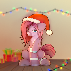 Size: 3000x3000 | Tagged: safe, artist:o0o-bittersweet-o0o, imported from derpibooru, oc, oc only, earth pony, pony, christmas, christmas lights, eye clipping through hair, female, hat, holiday, indoors, looking at you, mare, present, raised leg, santa hat, sitting, smiling