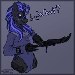 Size: 2800x2800 | Tagged: safe, artist:stardustspix, imported from derpibooru, oc, oc only, oc:disthene, anthro, cyborg, earth pony, pony, amputee, clothes, coat markings, colored eyebrows, colored eyelashes, colored pupils, concerned, dialogue, earth pony oc, freckles, high res, looking at you, male, prosthetic arm, prosthetic eye, prosthetic limb, prosthetics, rain world, solo, stallion, sweat, sweatdrop, the rot