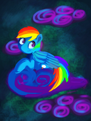 Size: 768x1024 | Tagged: safe, artist:magictrip, imported from derpibooru, rainbow dash, pegasus, pony, cloud, female, lying down, mare, on a cloud, smiling, solo