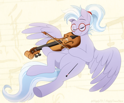 Size: 1500x1239 | Tagged: safe, artist:higgly-chan, imported from derpibooru, oc, oc only, oc:marcata maestoso, pegasus, pony, eyes closed, female, flying, glasses, hair tie, musical instrument, ponytail, simple background, smiling, solo, spread wings, violin, wings